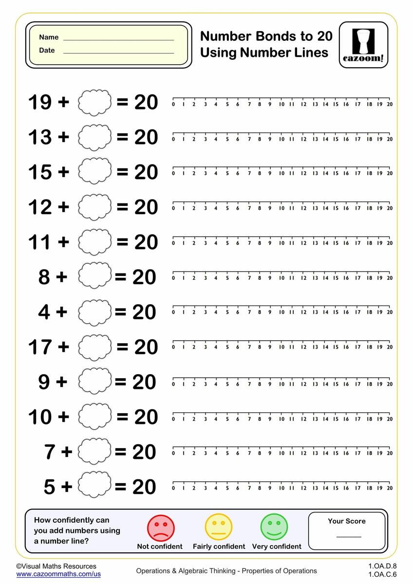 Number Bonds To 20 With Number Lines PDF Printable Addition Worksheets Cazoom Math