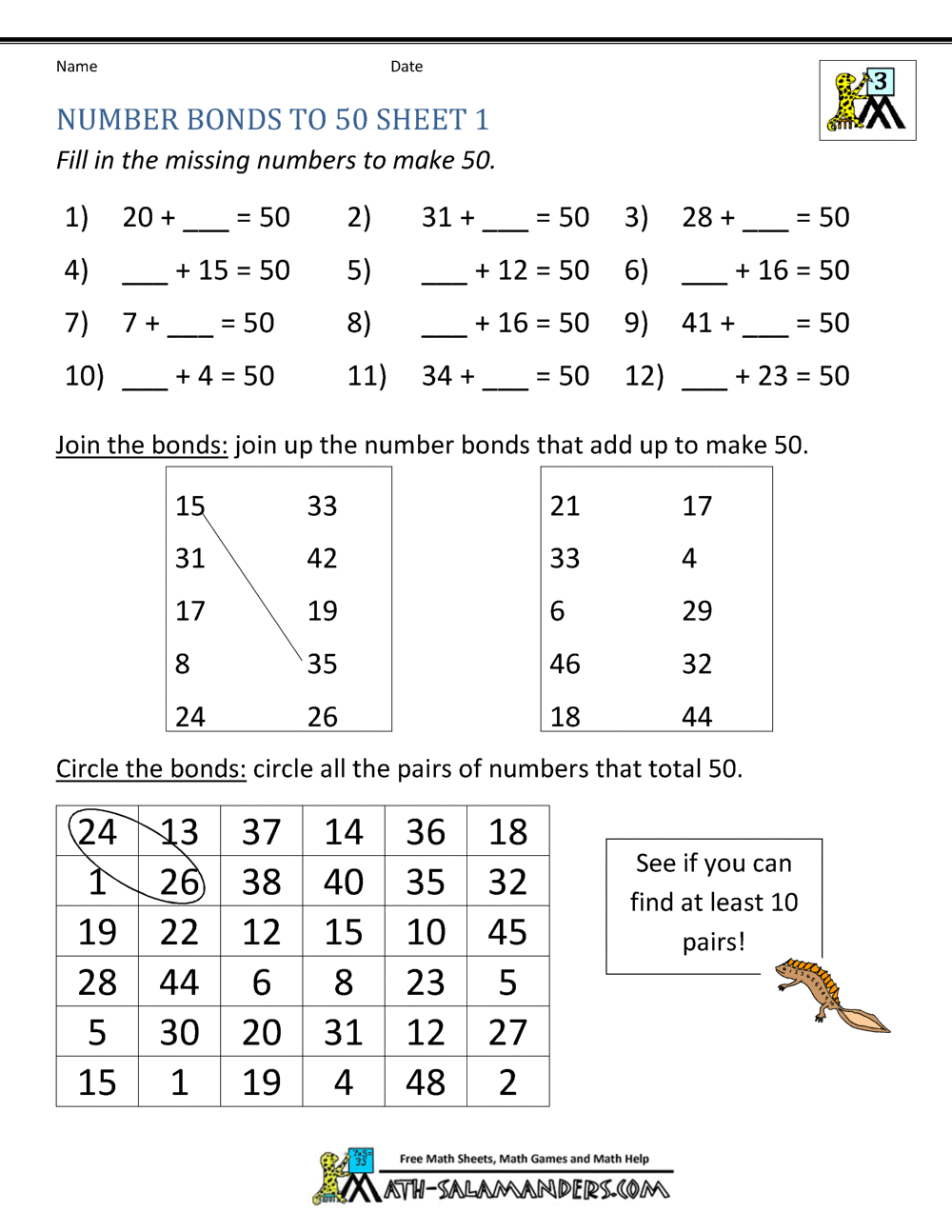 Number Bonds Worksheets To 100