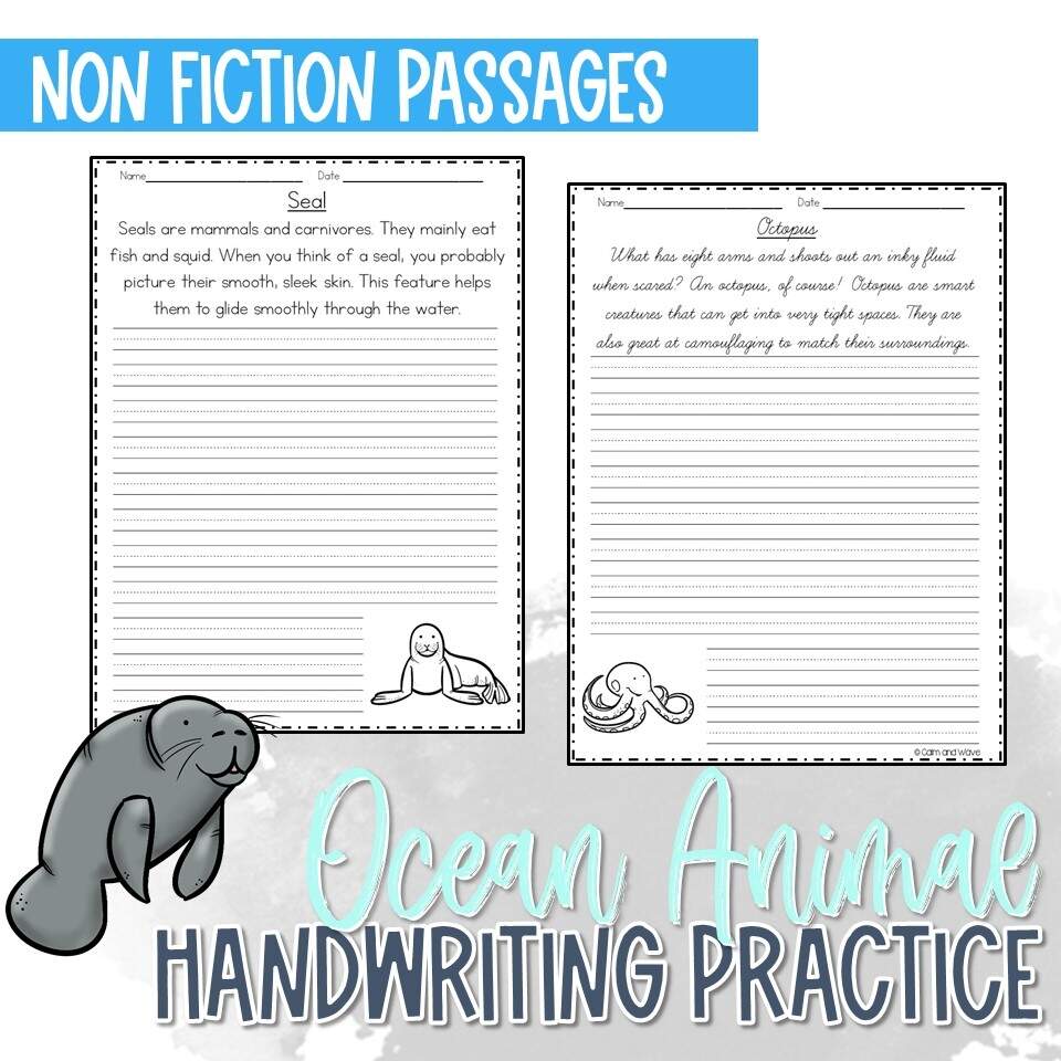 Ocean Animal Handwriting Practice Worksheet Calm Wave Ocean Animal Handwriting Practice Worksheet Calm Wave