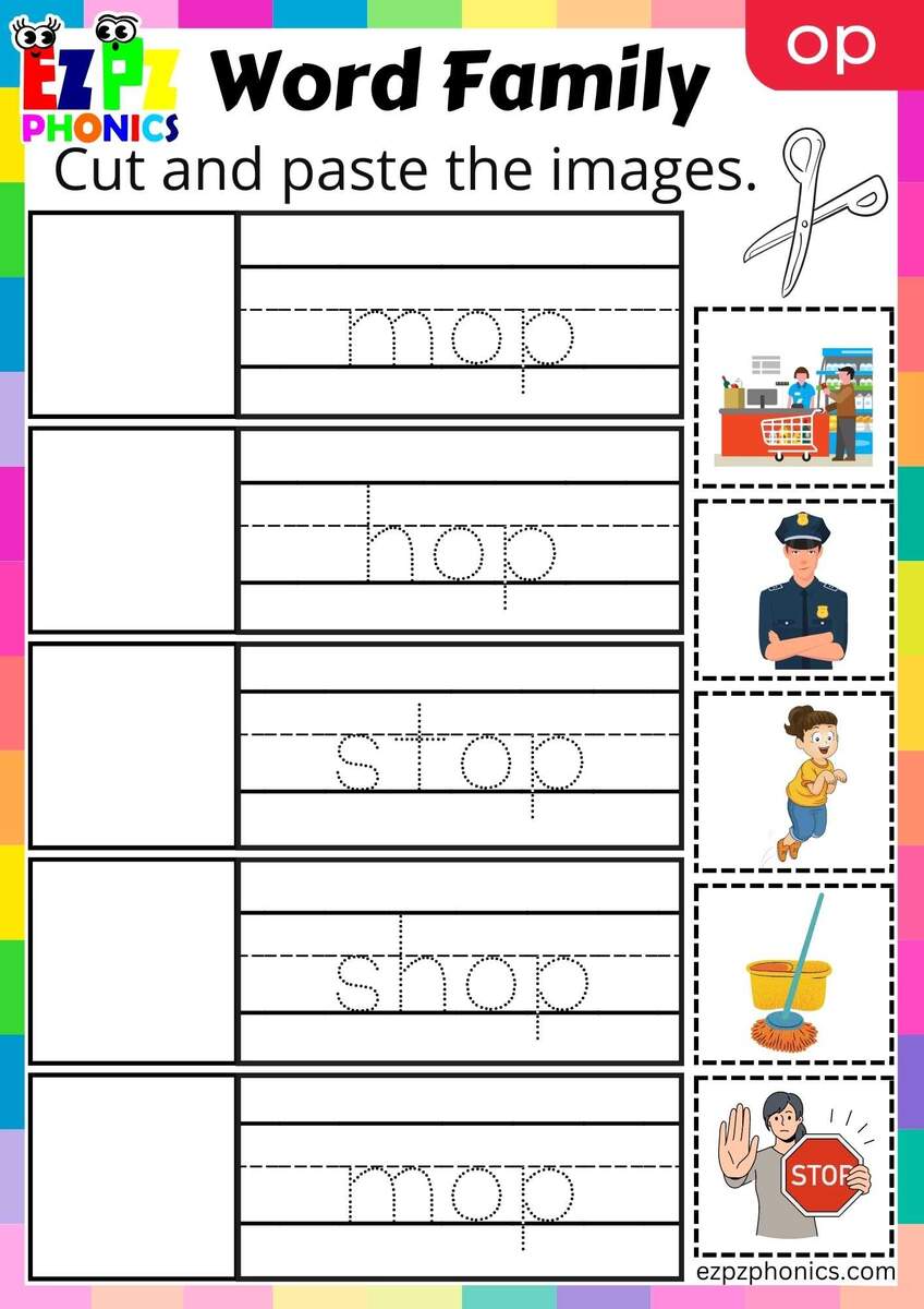 OP Words Cut And Paste The Images Phonics Word Families Worksheet Ezpzphonics