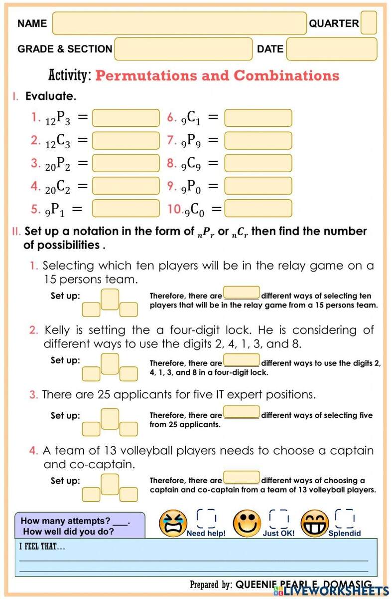 Permutation And Combination Worksheet Worksheets Library