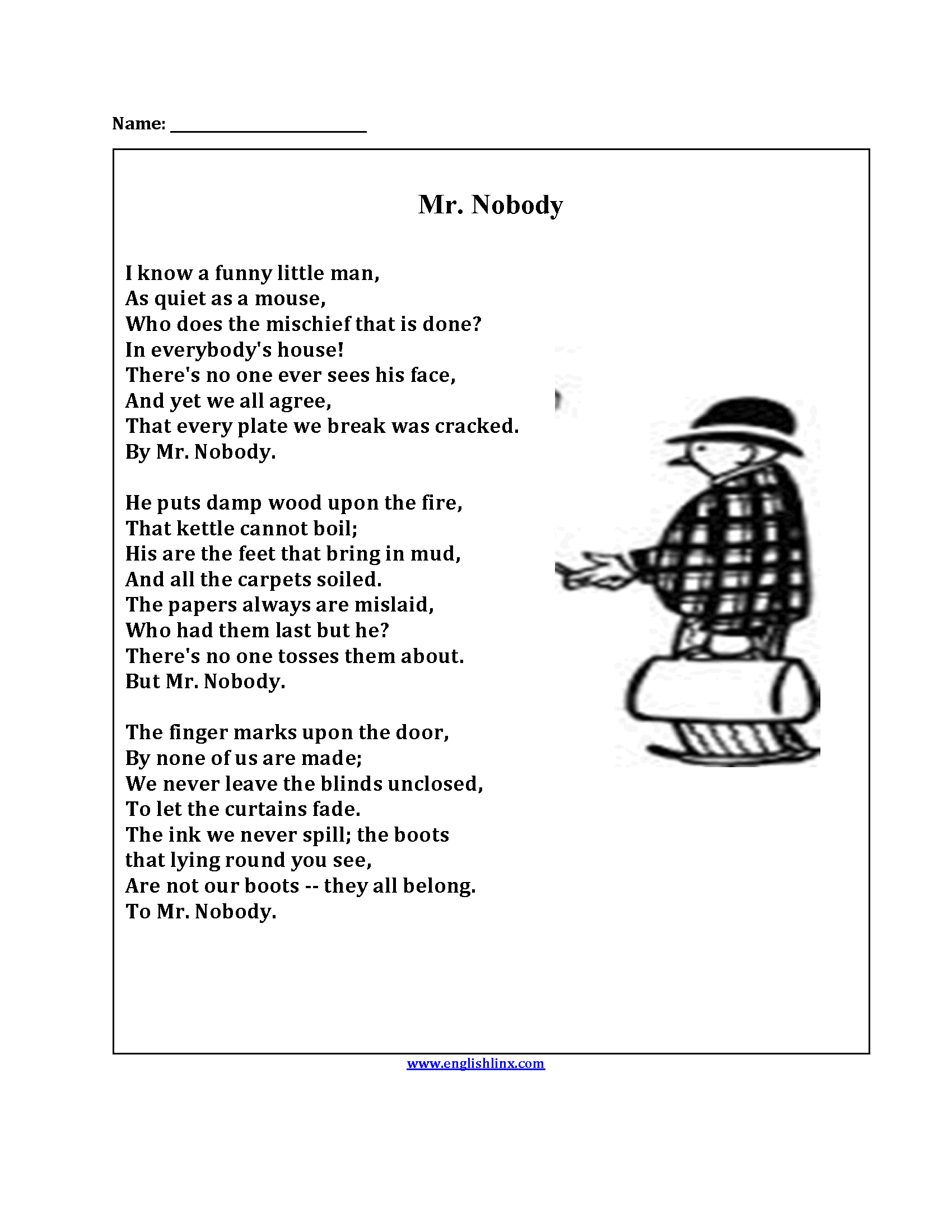 Poetry Worksheets Mr Nobody Poetry Worksheets