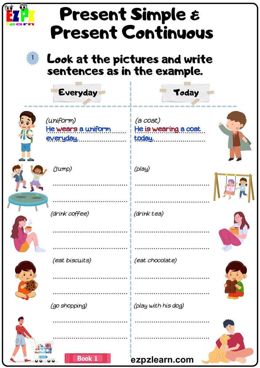 Present Simple And Present Continuous Grammar Worksheet Look At The Pictures And Write The Answers Pdf Book1 Ezpzlearn 101 Present Continuous Positive PDF Worksheets With Answers Grammarism