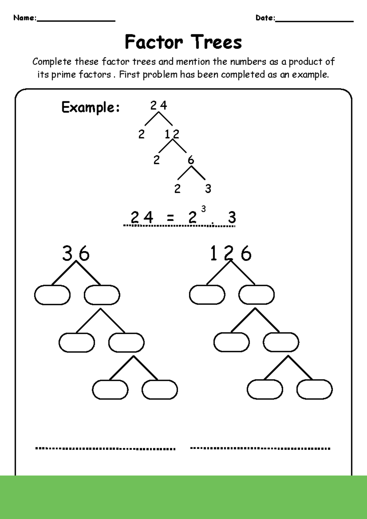 Prime Factorization With Factor Trees 4th Grade Worksheet Name Date 3 6 1 2 6 Factor Trees Studocu