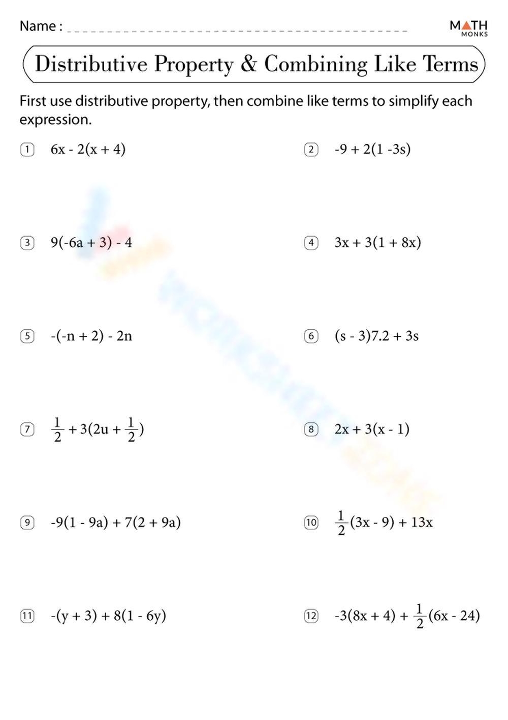 Printable 9th Grade Combining Like Terms Worksheets