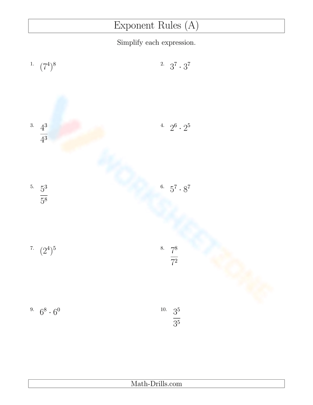 Printable 9th Grade Exponent Rules Review Worksheets