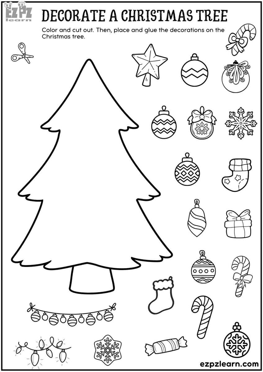 Printable Cut And Paste Decorate A Christmas Tree Fun DIY Holiday Craft For Kids Ezpzlearn Free Printable Christmas Cutting Activities For Preschoolers The Keeper Of The Memories