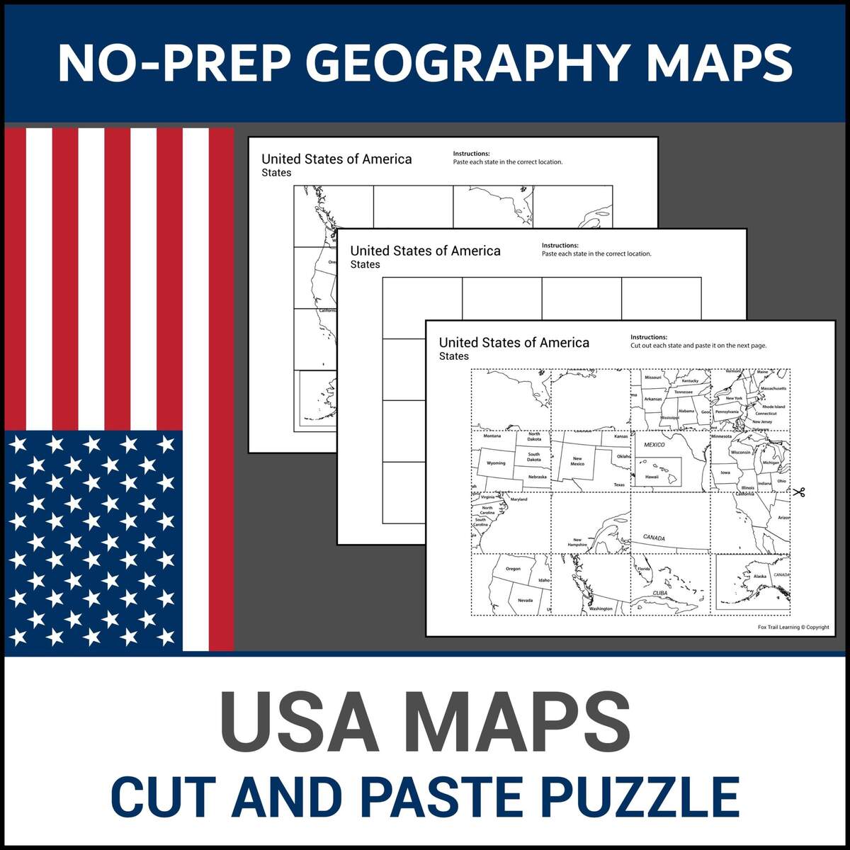 Printable Cut Paste Puzzle USA Maps Learn States And Capitals Geography Lesson No Prep Worksheets Etsy