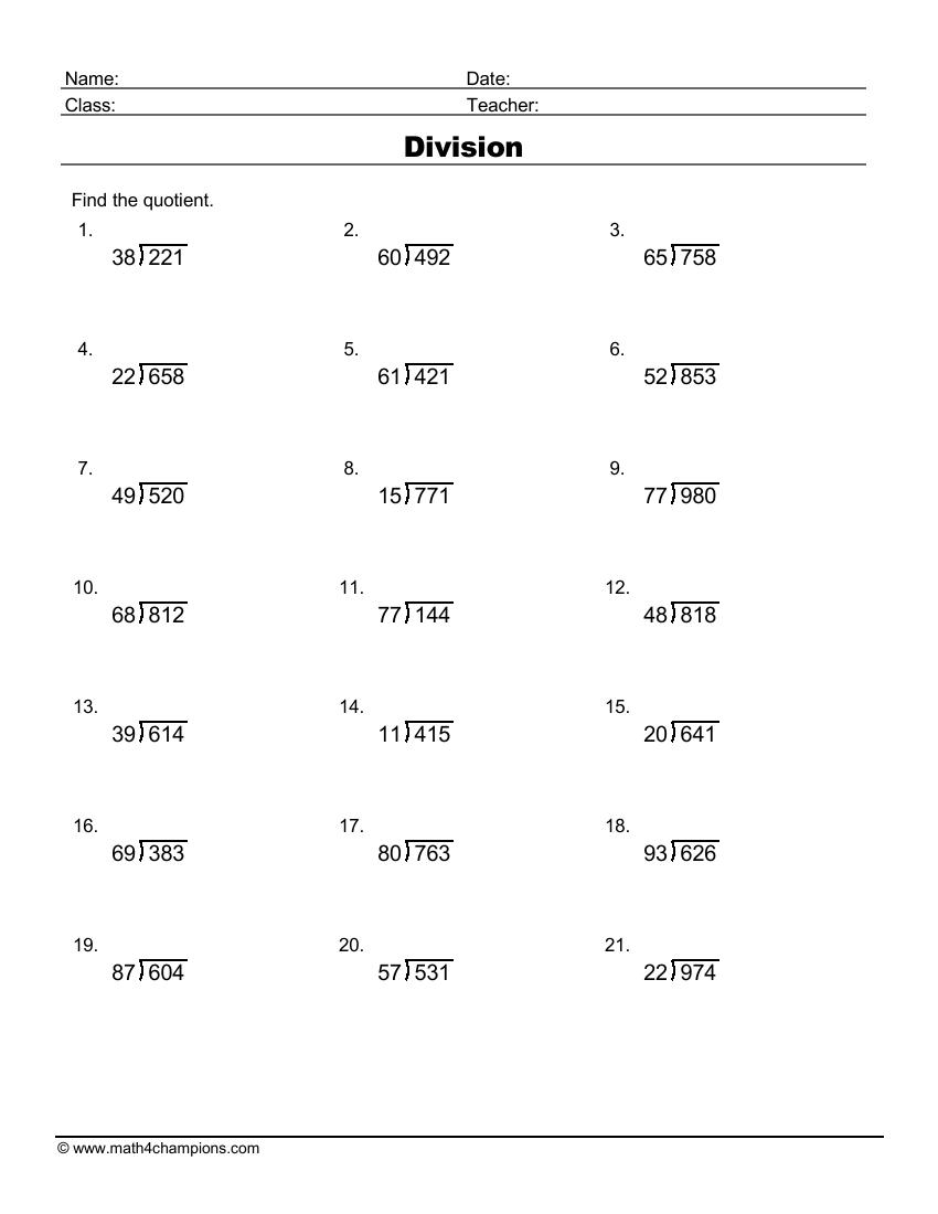 Long Division Worksheets Problems Printable Math Drills Free Printables Lettering SVG Files Tools Apps