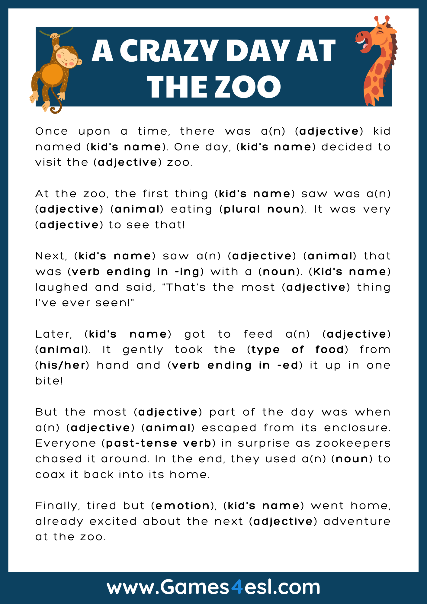 Printable Mad Libs Unleash Your Students Creativity With These Incredibly Fun Mad Lib Stories Games4esl