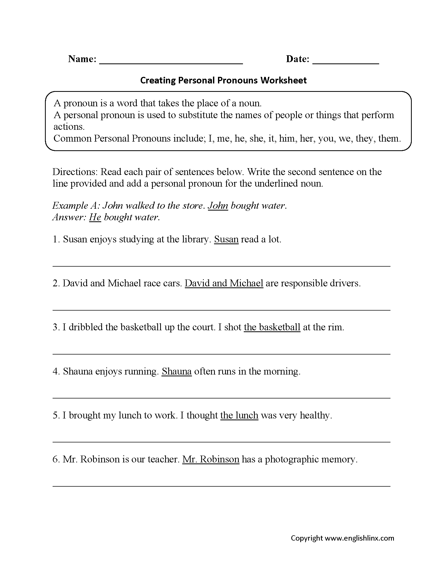 Pronouns Worksheets Personal Pronouns Worksheets