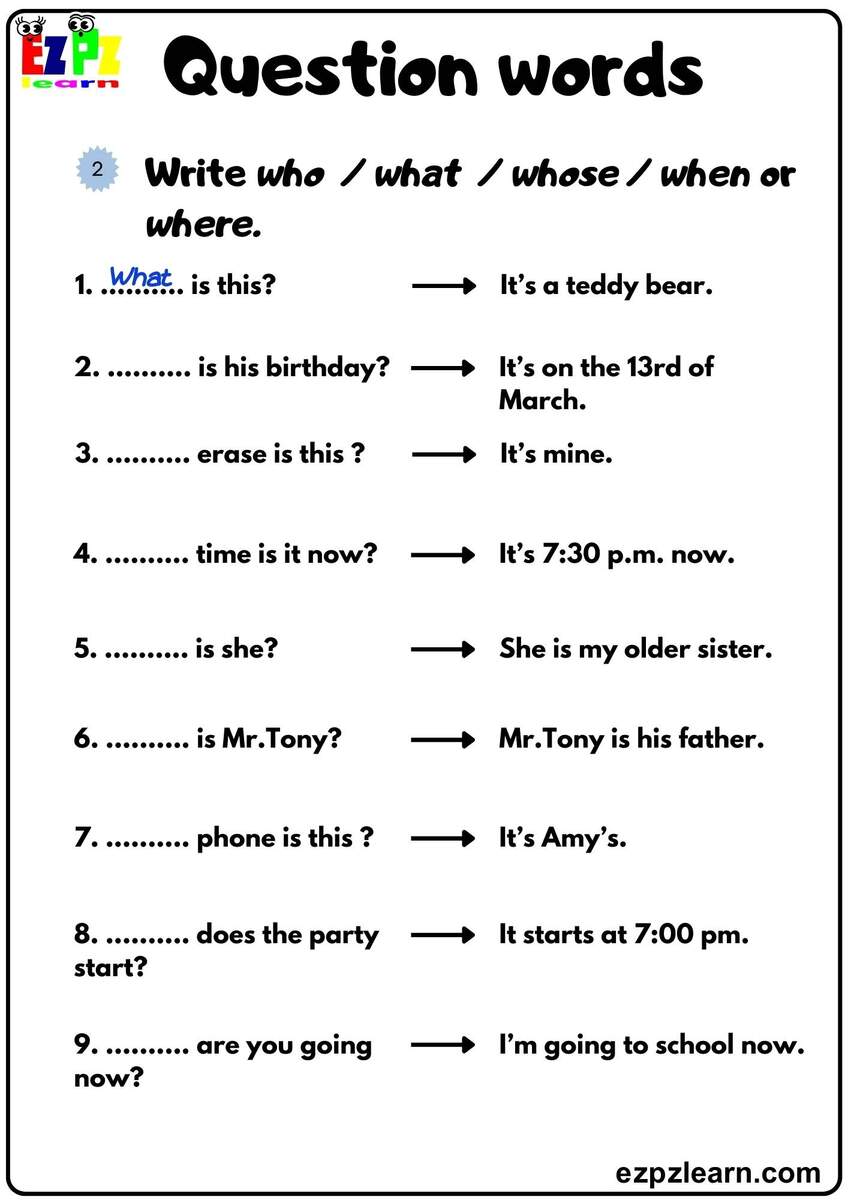 Question Words Write The Correct Question Word Grammar Exercise Bk1 Free Printable Pdf Ezpzlearn