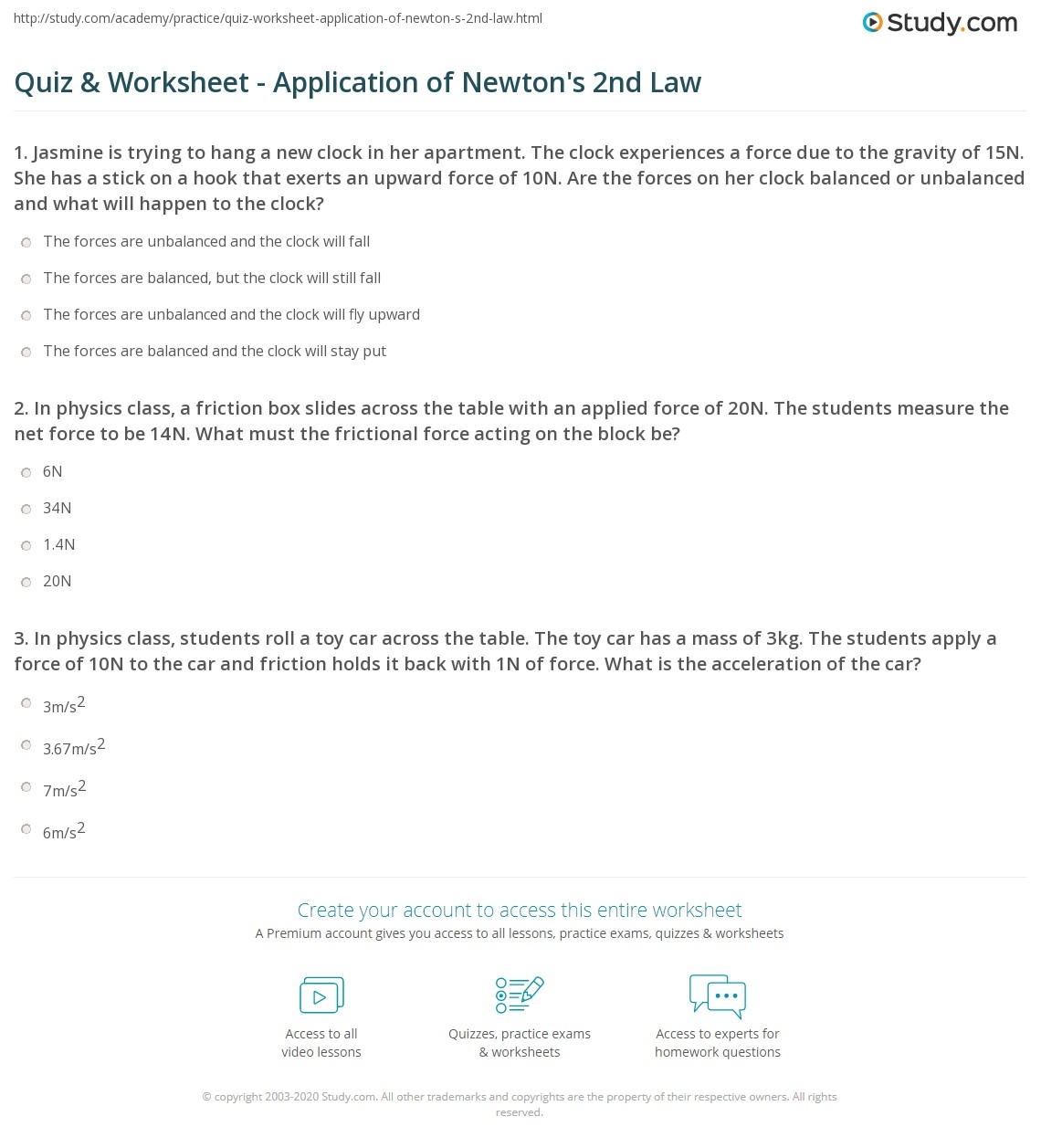 Quiz Worksheet Application Of Newton S 2nd Law Study