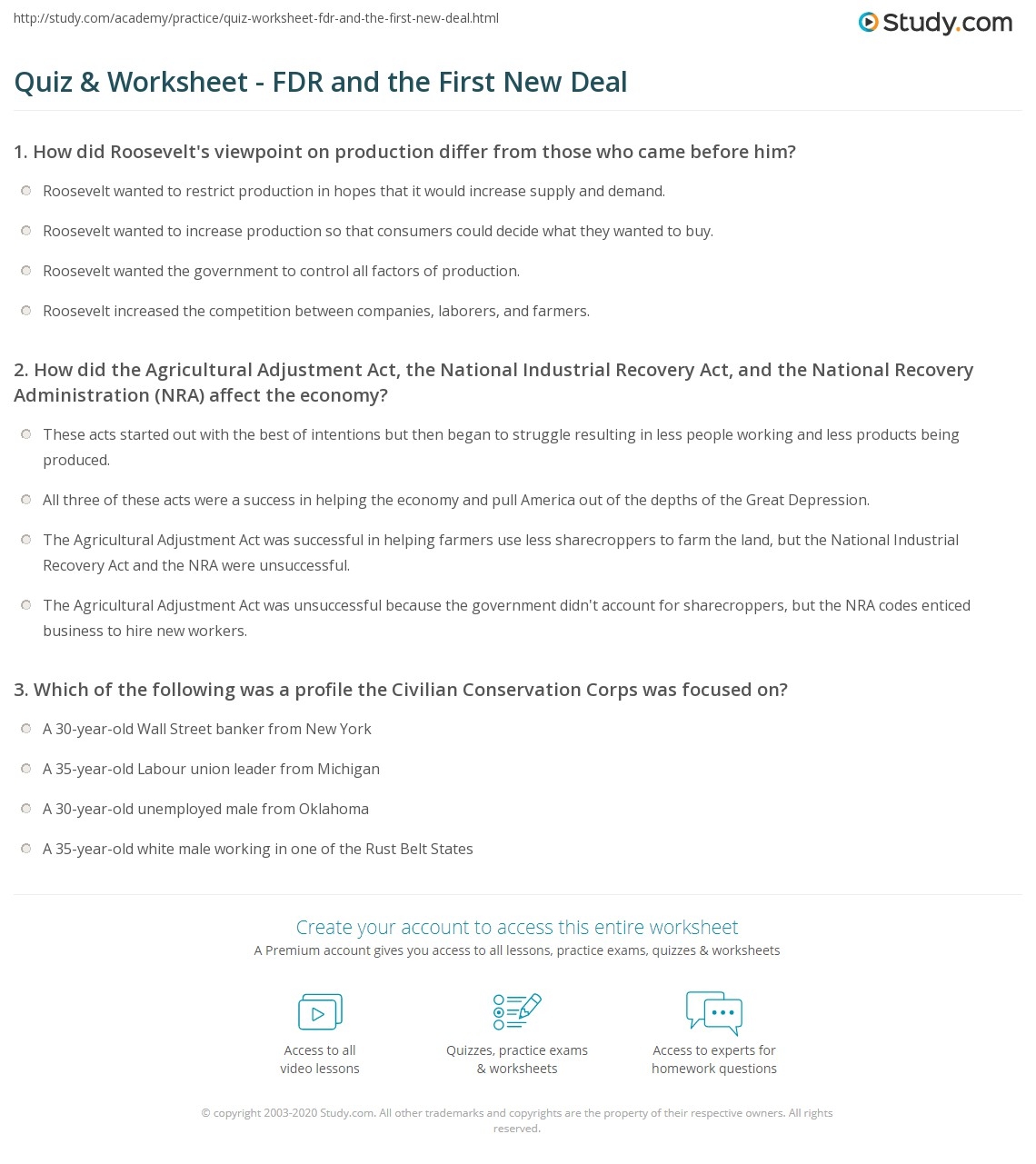 Quiz Worksheet FDR And The First New Deal Study