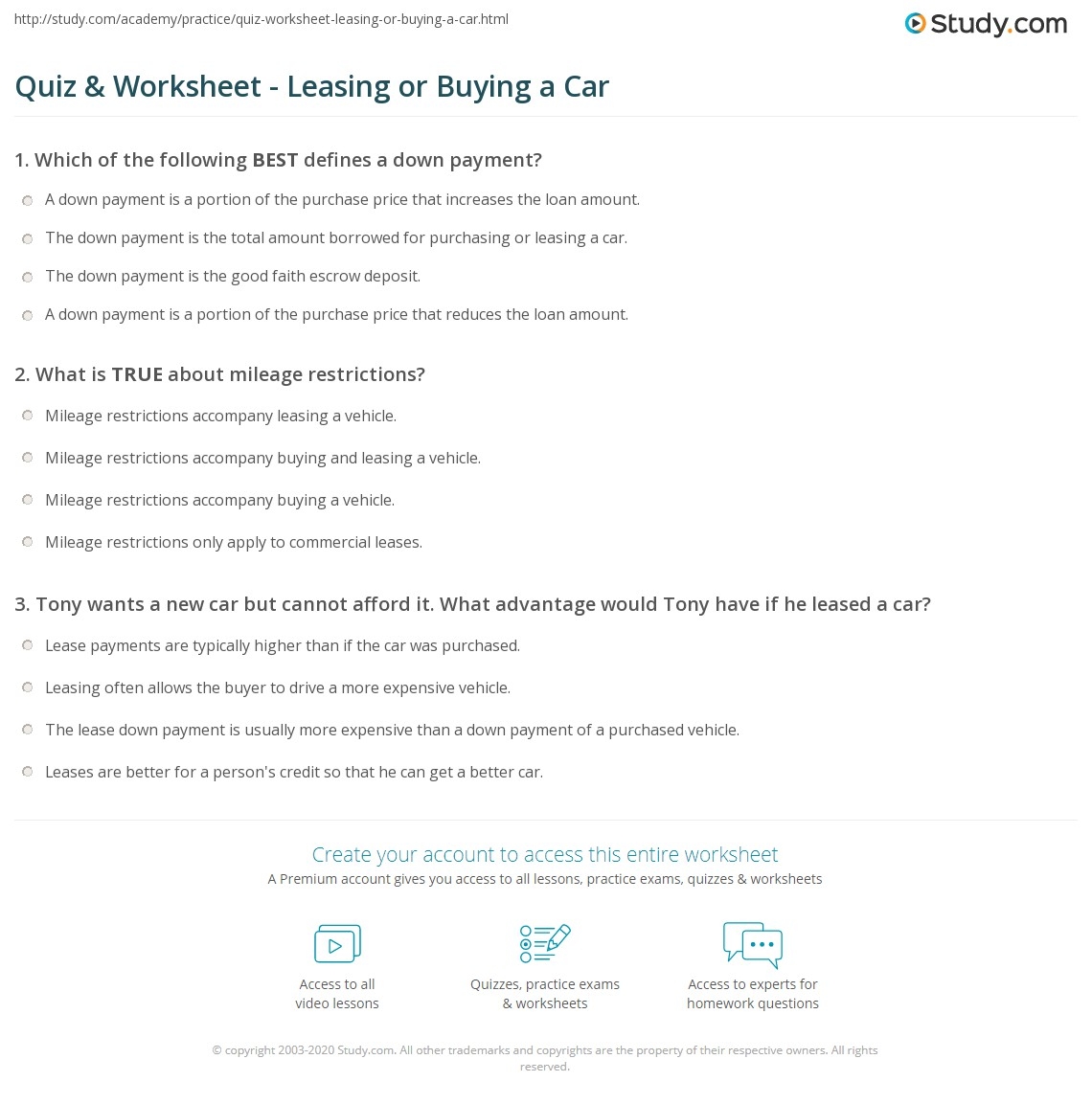 Quiz Worksheet Leasing Or Buying A Car Study