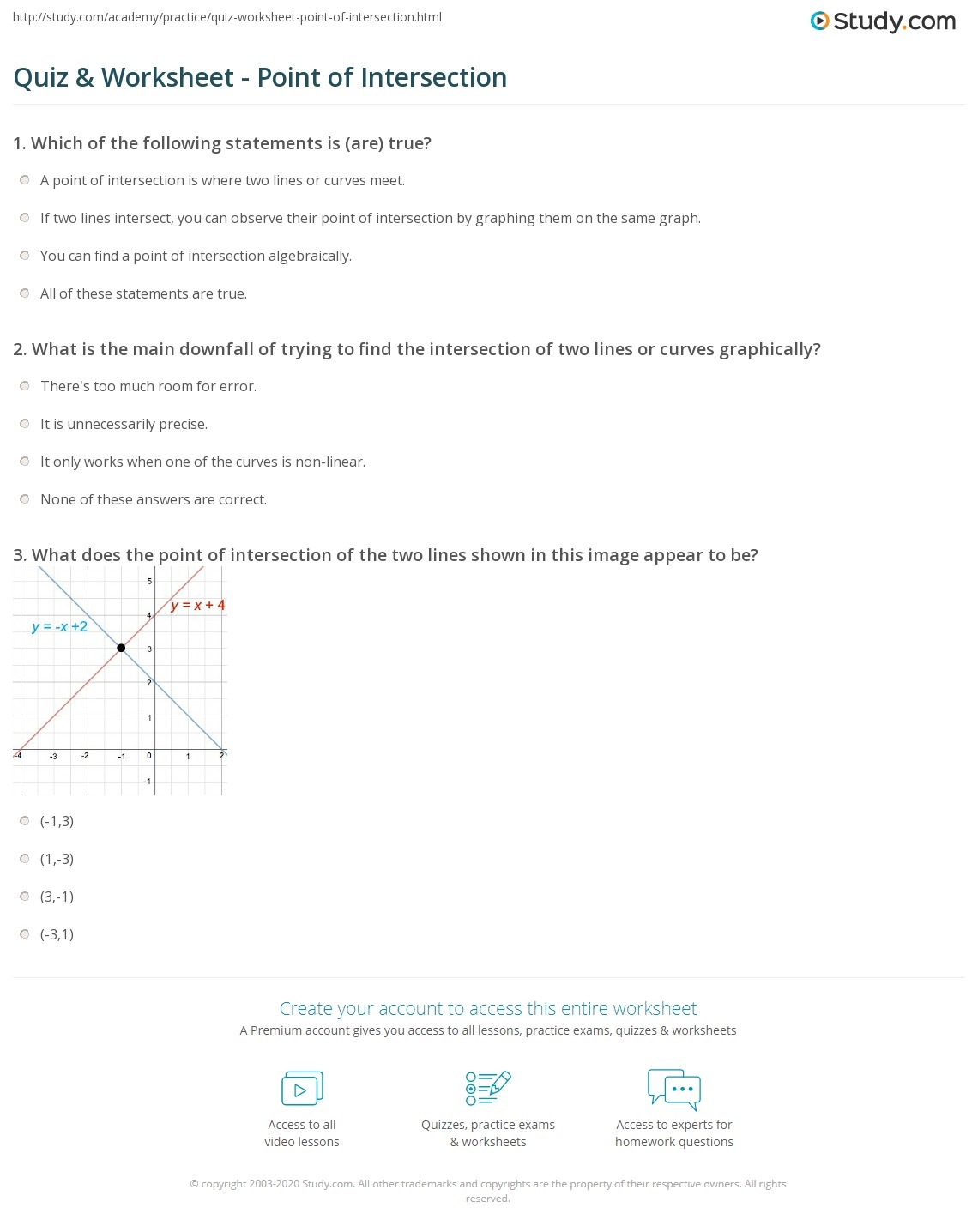 Quiz Worksheet Point Of Intersection Study Identifying Point Of Intersection With Equations Worksheet Download