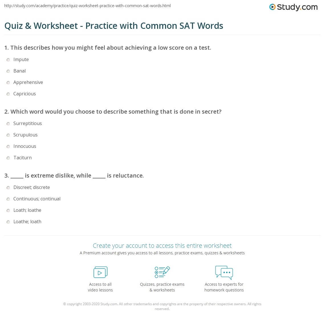 Quiz Worksheet Practice With Common SAT Words Study