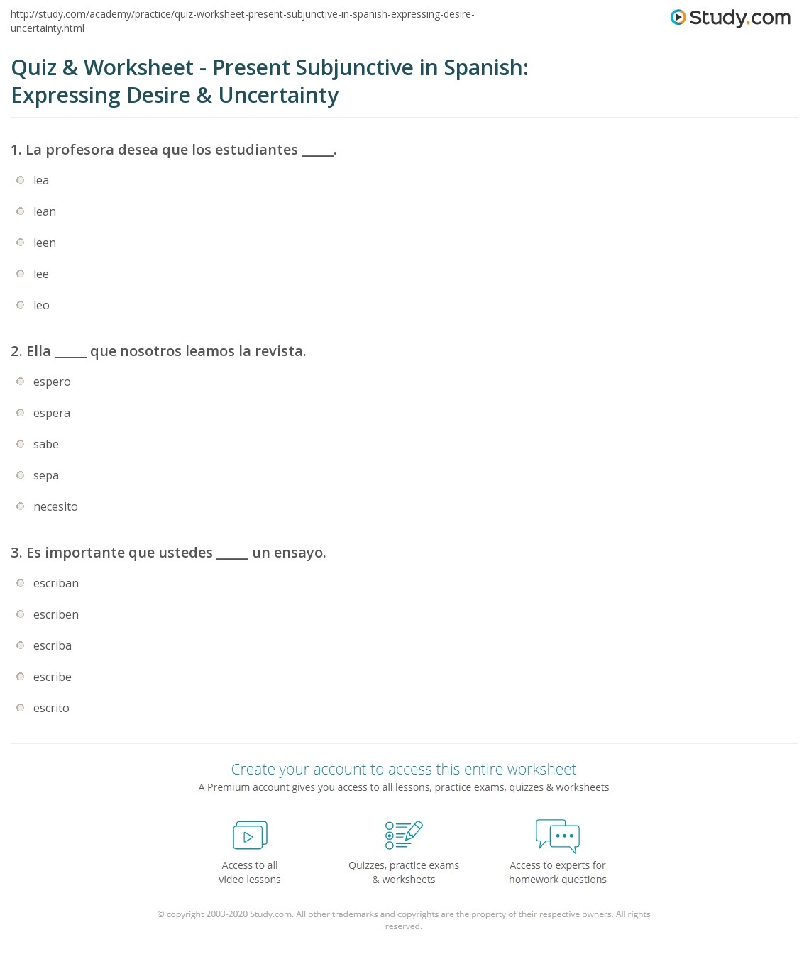 Quiz Worksheet Present Subjunctive In Spanish Expressing Desire Uncertainty Study