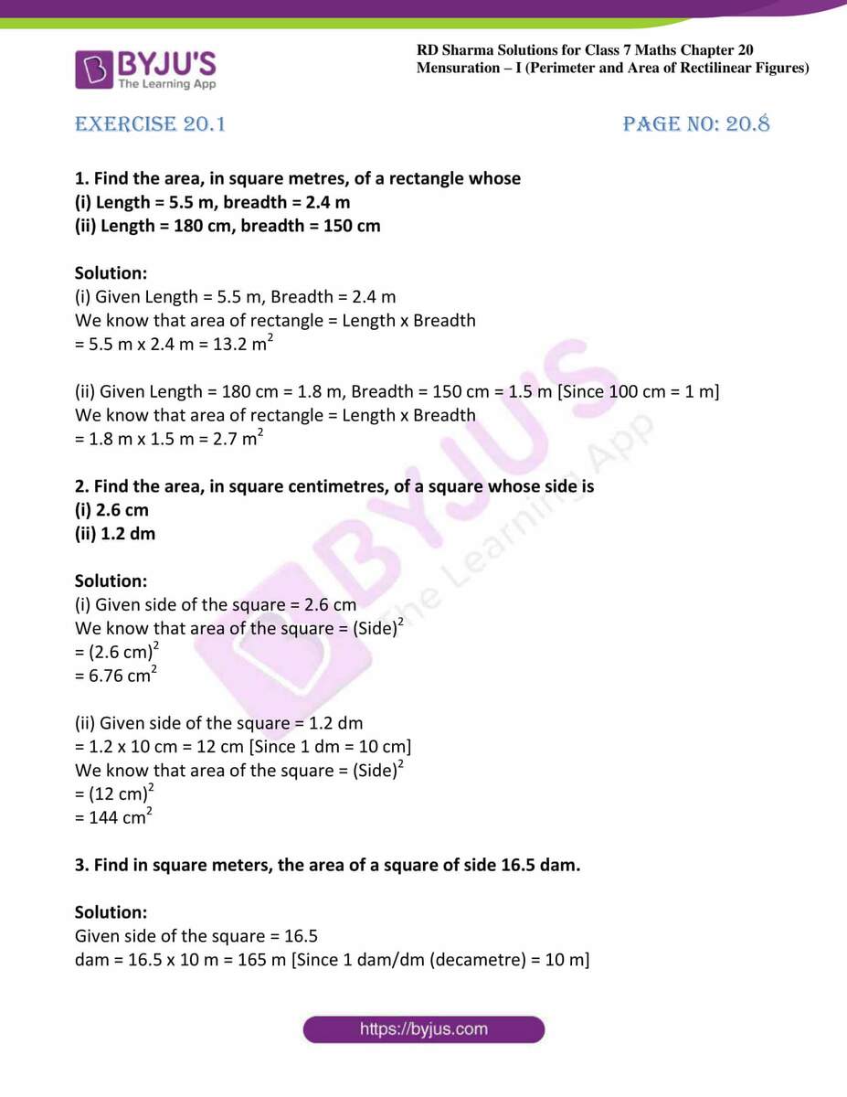 RD Sharma Solutions Class 7 Maths Chapter 20 Mensuration I Perimeter And Area Of Rectilinear Figures Selina Solutions Concise Maths For Class 7 Chapter 20 Mensuration Perimeter And Area Of Plane Figures
