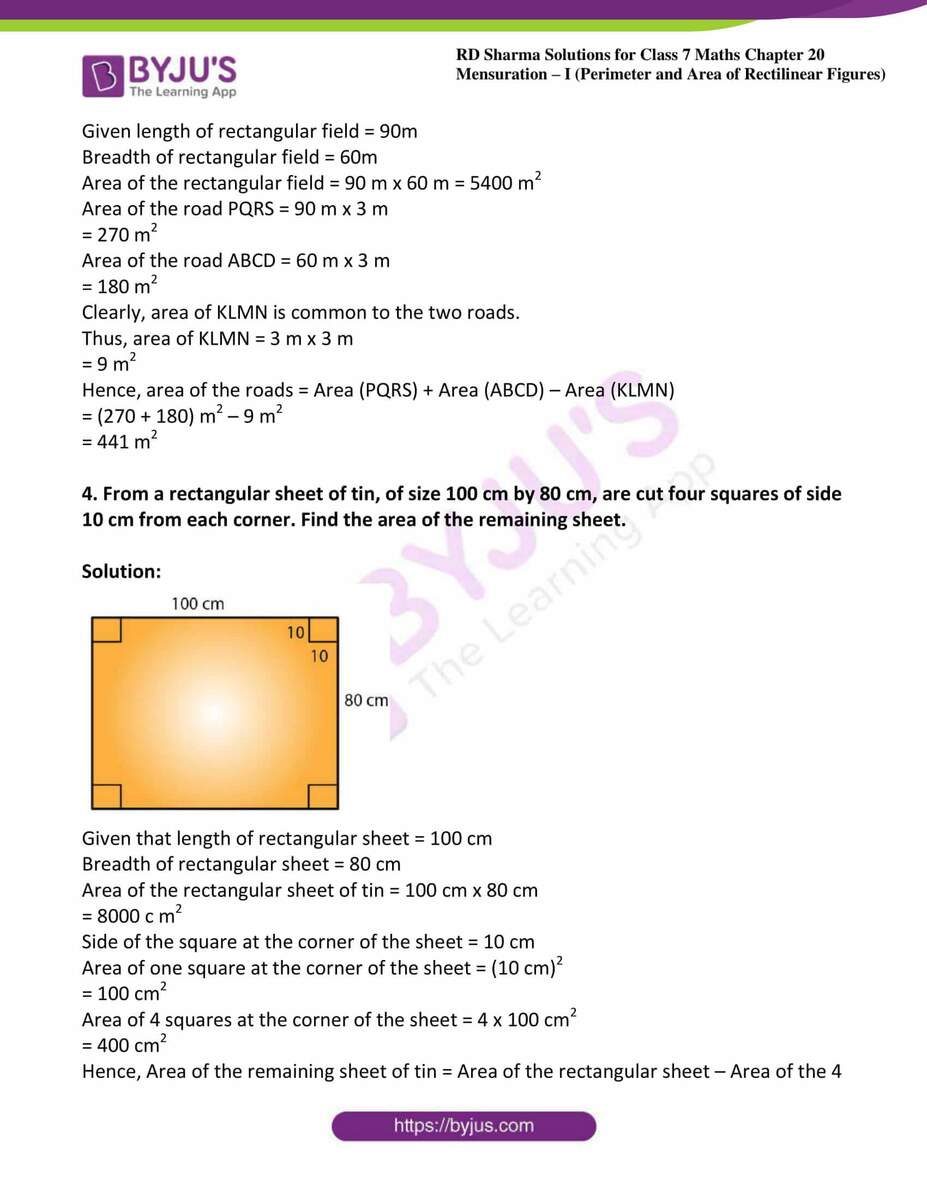 RD Sharma Solutions Class 7 Maths Chapter 20 Mensuration I Perimeter And Area Of Rectilinear Figures Exercise 20 2 RD Sharma Solutions Class 7 Maths Chapter 20 Mensuration I Perimeter And Area Of Rectilinear Figures Exercise 20 2