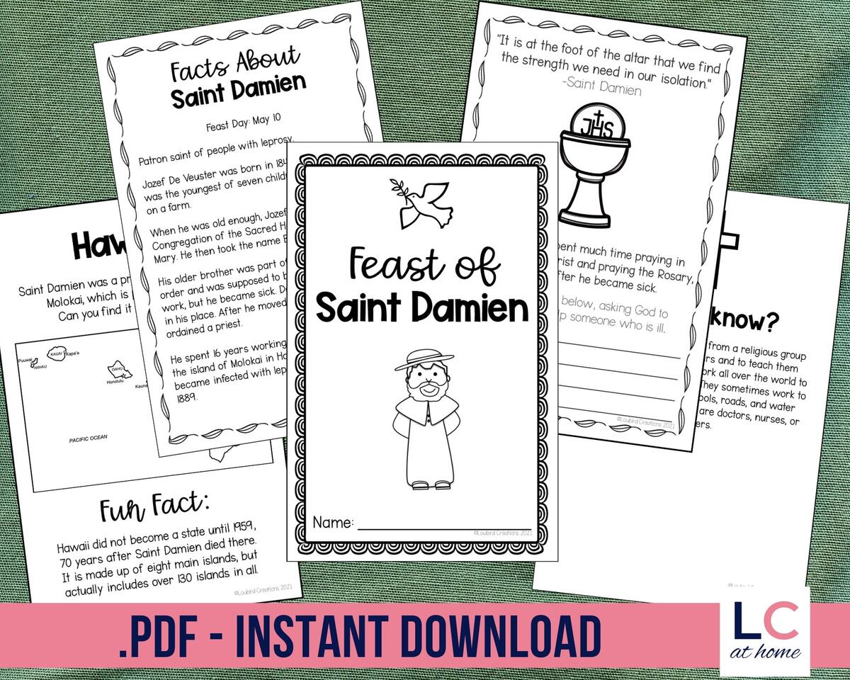 Saint Damien Of Molokai Printable Activity Booklet For Catholic Kids St Damien Facts Prayers Writing And Drawing Worksheets Etsy