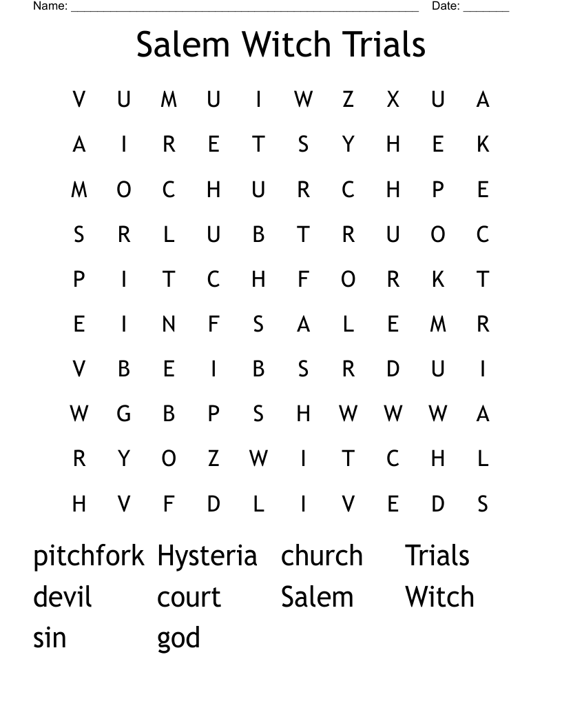 Salem Witch Trials Word Search WordMint Salem Witch Trials Facts Worksheets For Kids Includes Lesson Worksheets Library