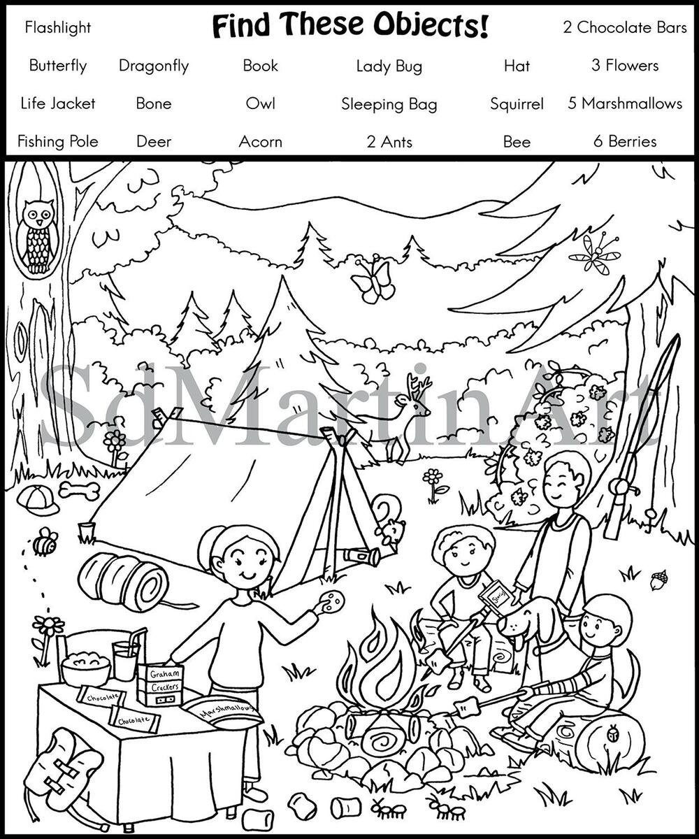Seek And Find printable Coloring Activity Page For Kids Teens And Adults camping instant Download pdf Etsy