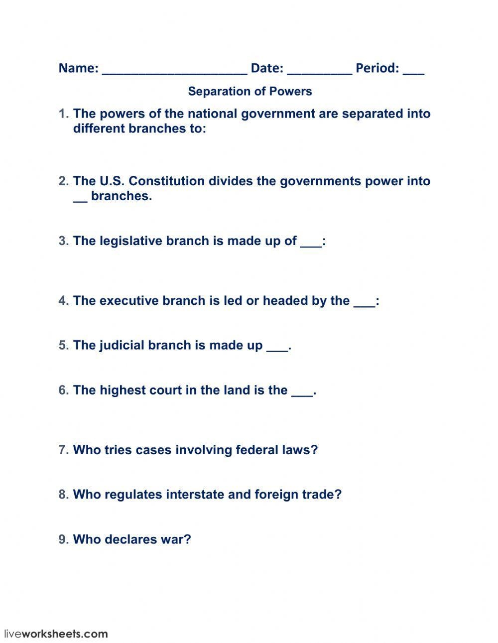 Separation Of Powers Worksheet Worksheets Library