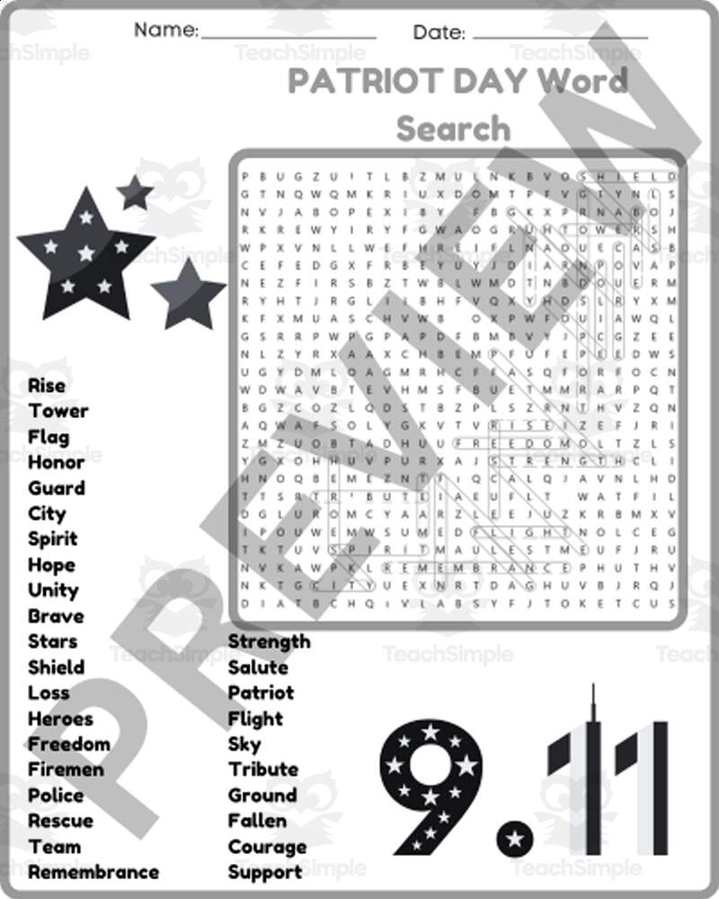 SEPTEMBER 11TH PATRIOT DAY Word Search Puzzle Worksheet Activity By Teach Simple