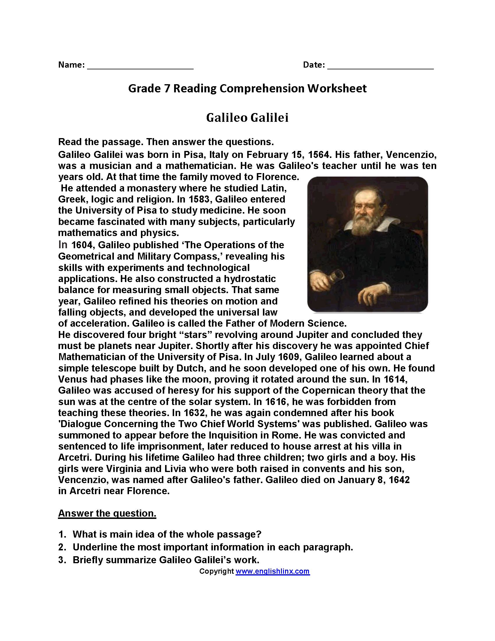 Seventh Grade Reading Worksheets Vocabulary Fluency Practice