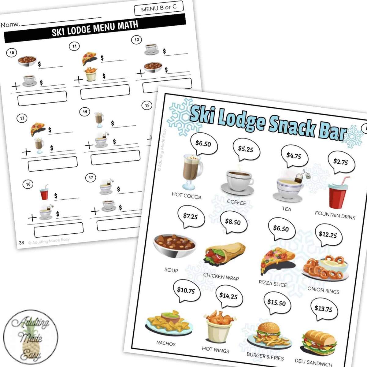 Ski Lodge Snack Bar Menu Math Addition Worksheets