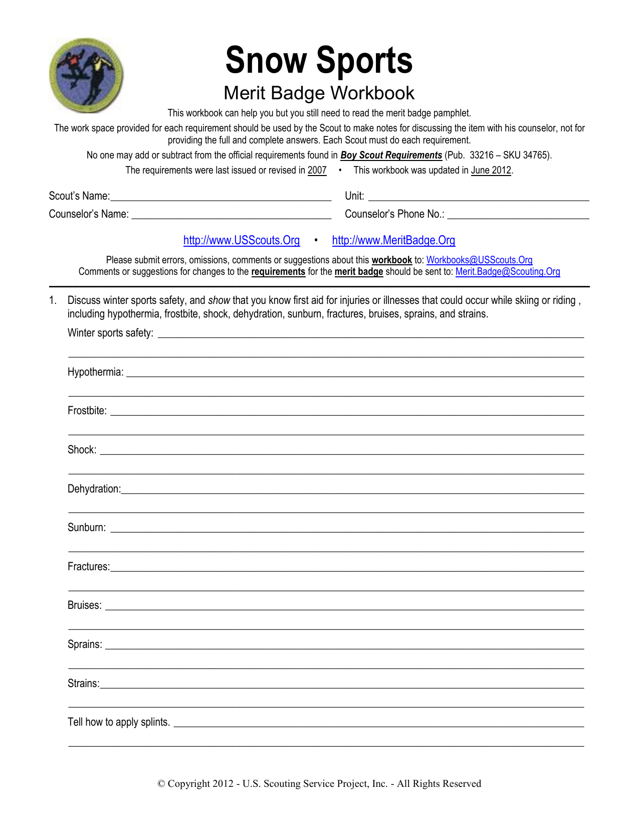 Snow Sports Merit Badge Workbook For Boy Scouts