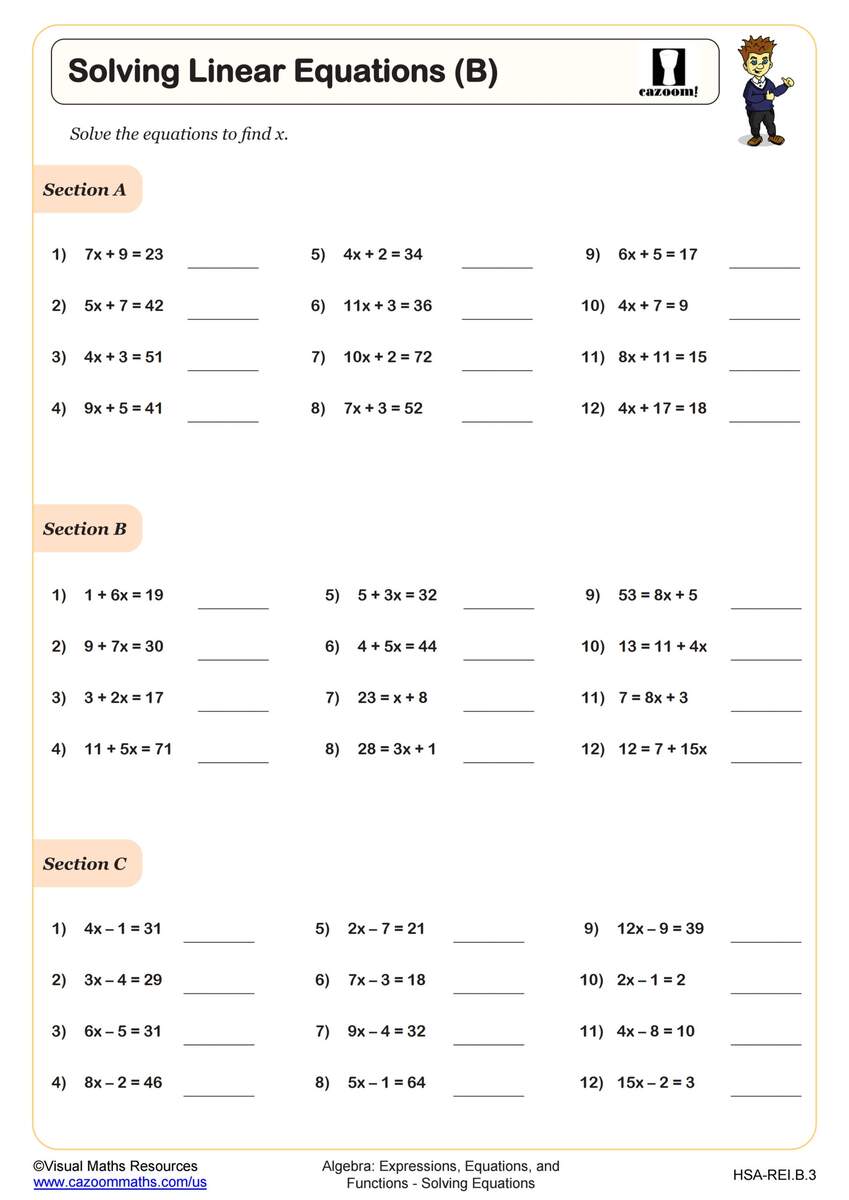 Variable Equations Worksheets