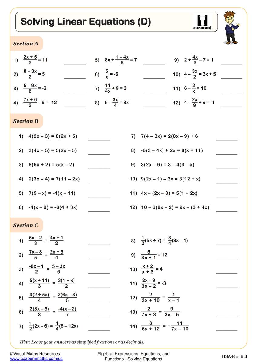 Solving Linear Equations D Worksheet PDF Printable Algebra Worksheet Cazoom Math Solving Linear Equations B Worksheet PDF Printable Algebra Worksheet Cazoom Math