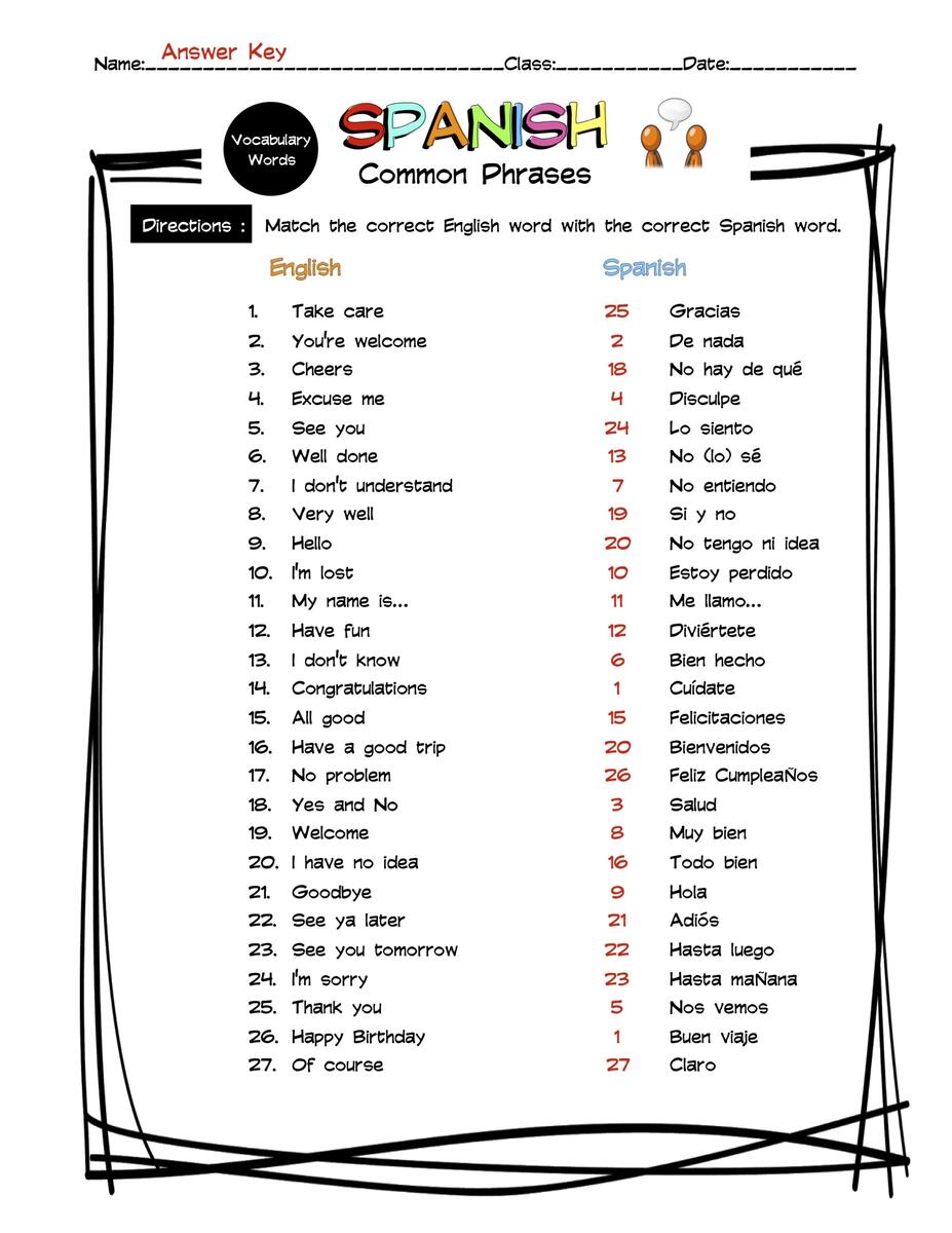 Spanish Common Phrases Vocabulary Matching Worksheet Answer Key Made By Teachers