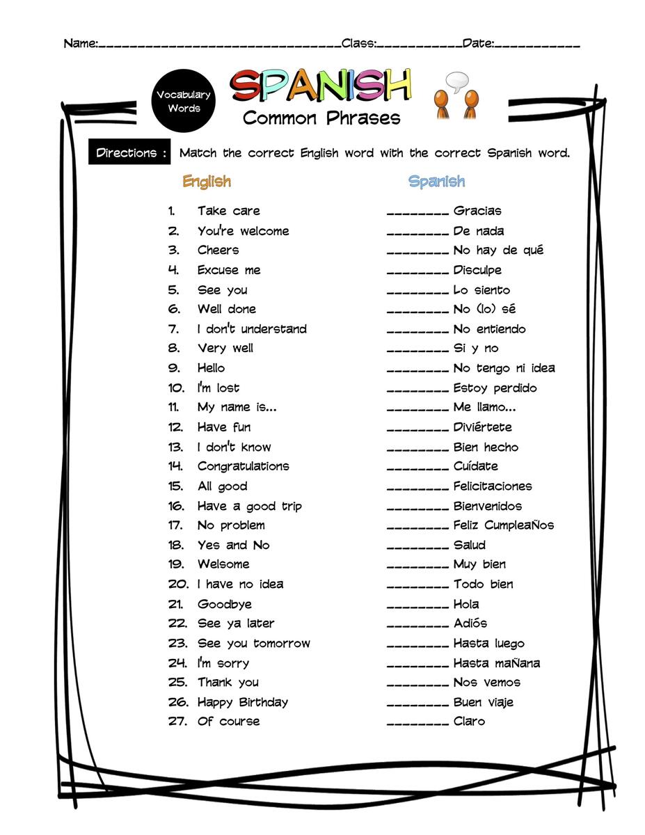 Spanish Common Phrases Information Sheet Worksheet And Answer Key Made By Teachers