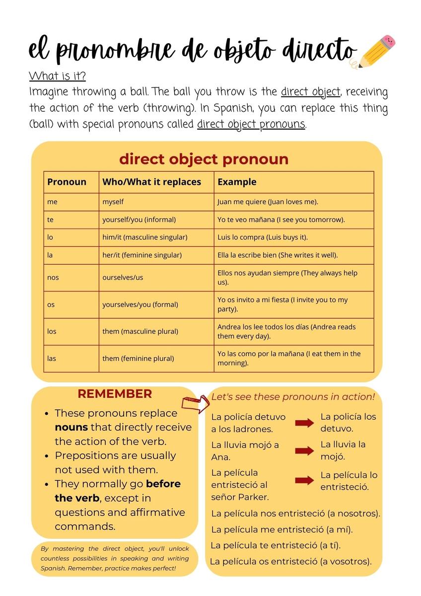Spanish Direct Object Pronouns 7 Page Worksheet Activity FREE Bundle Teaching Resources