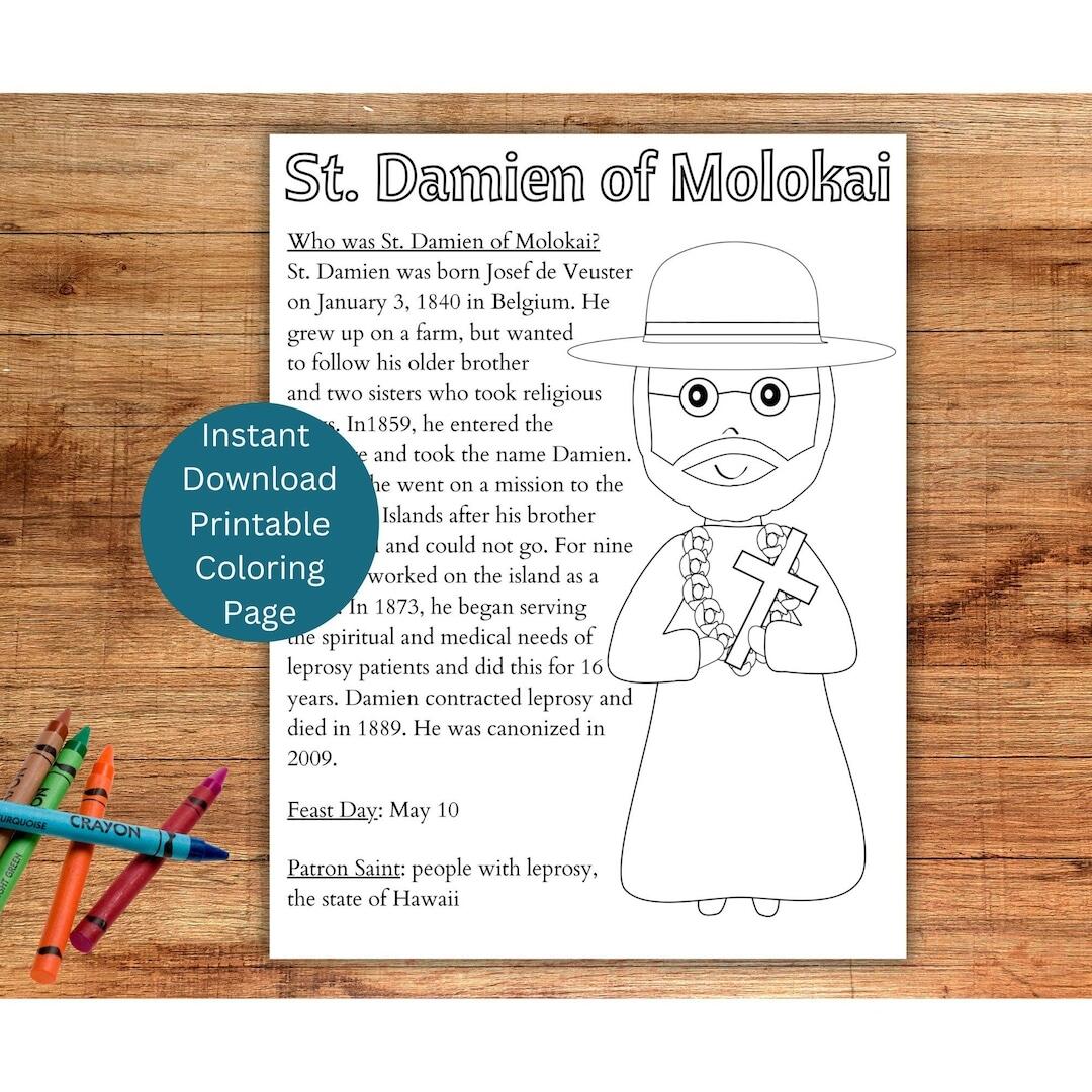 Saint Damien Of Molokai Printable Activity Booklet For Catholic Kids St Damien Facts Prayers Writing And Drawing Worksheets Etsy