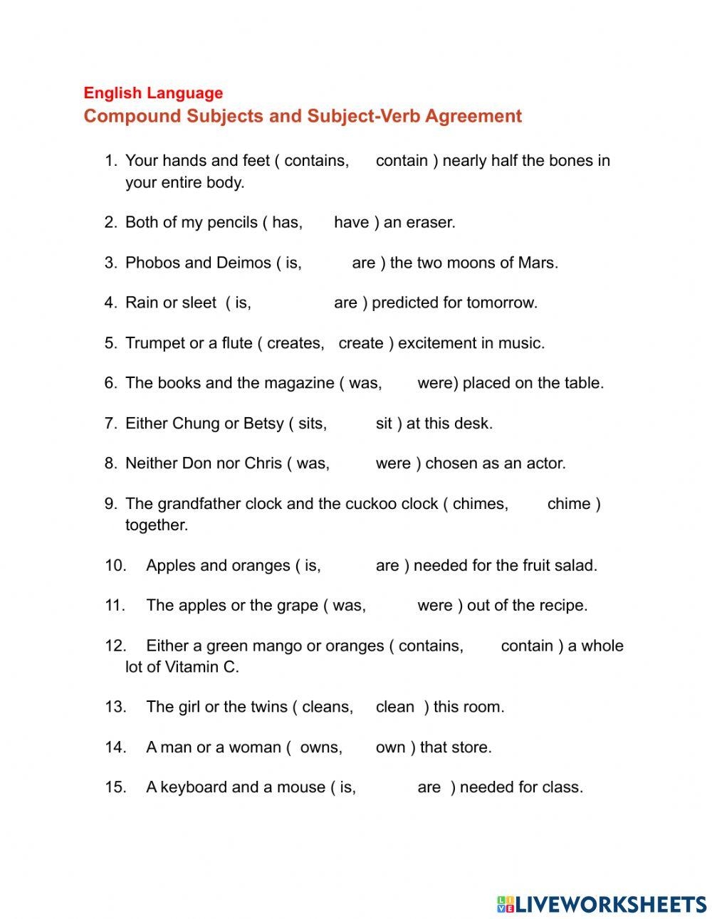 Subject Verb Agreement Compound Subjects 2 Online Exercise For Worksheets Library Subject Verb Agreement Compound Subjects 2 Online Exercise For Worksheets Library