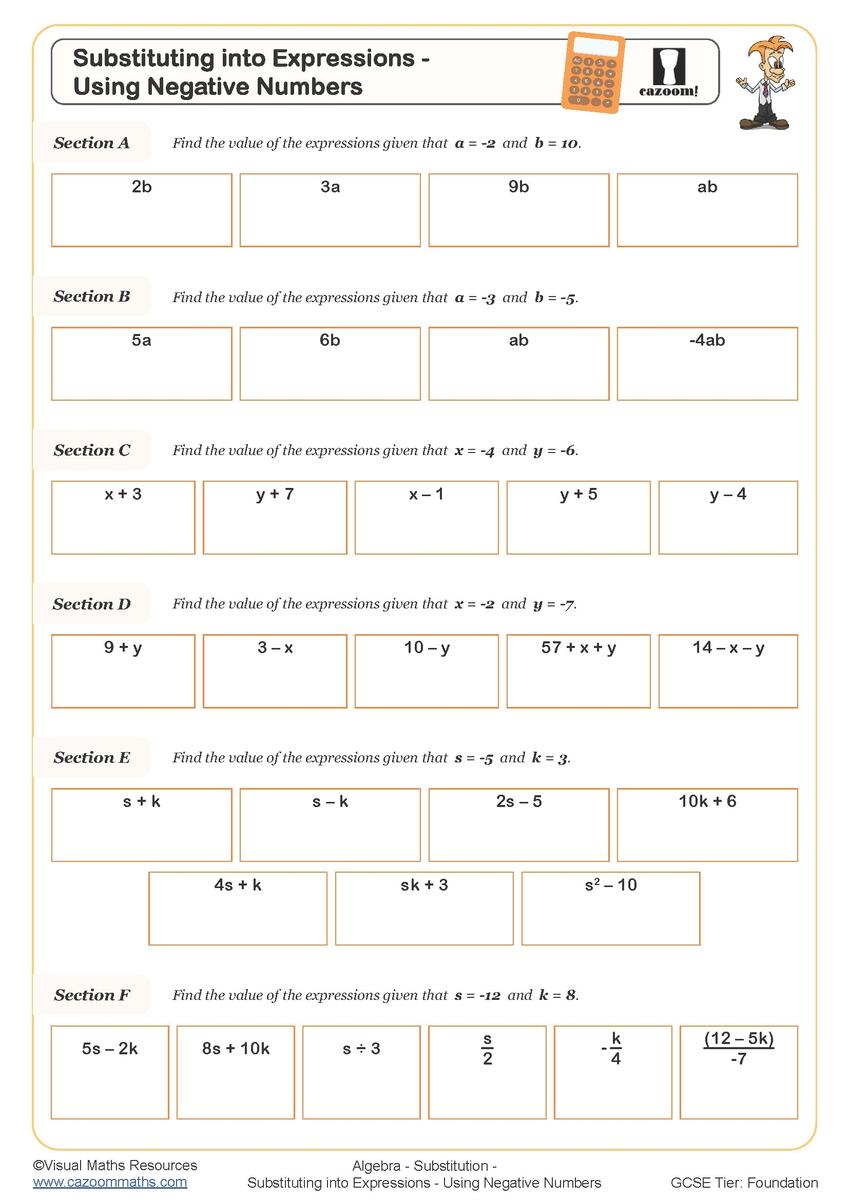 Substitution Worksheets Printable Worksheet On Substitution Into Formulae And Expressions PDF And Free Samples Downloads Cazoom Maths