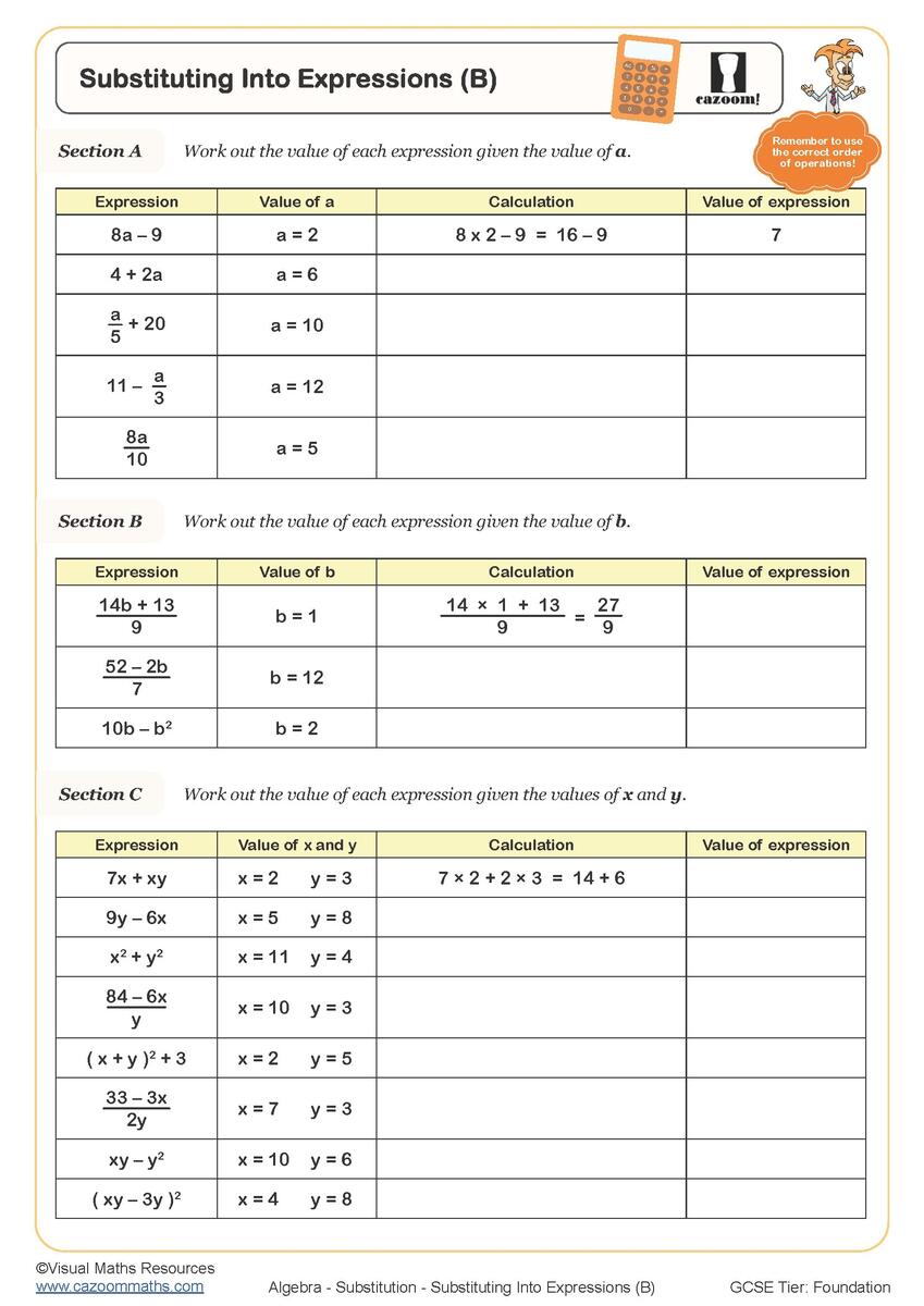 Substitution Worksheets Printable Worksheet On Substitution Into Formulae And Expressions PDF And Free Samples Downloads Cazoom Maths