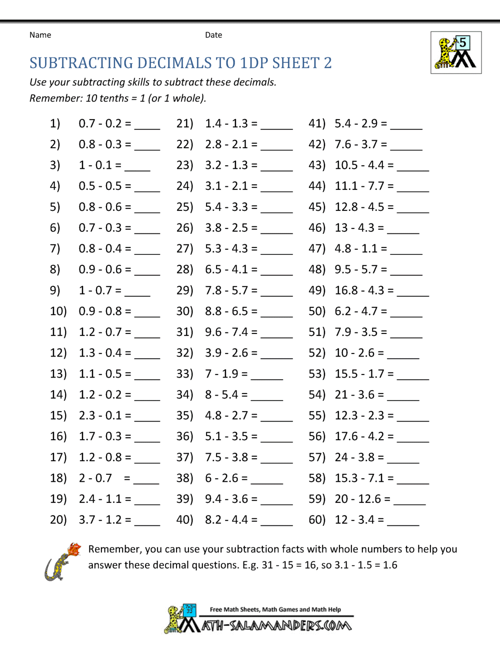 Subtracting Decimals Worksheet Adding Subtracting Decimals Worksheets