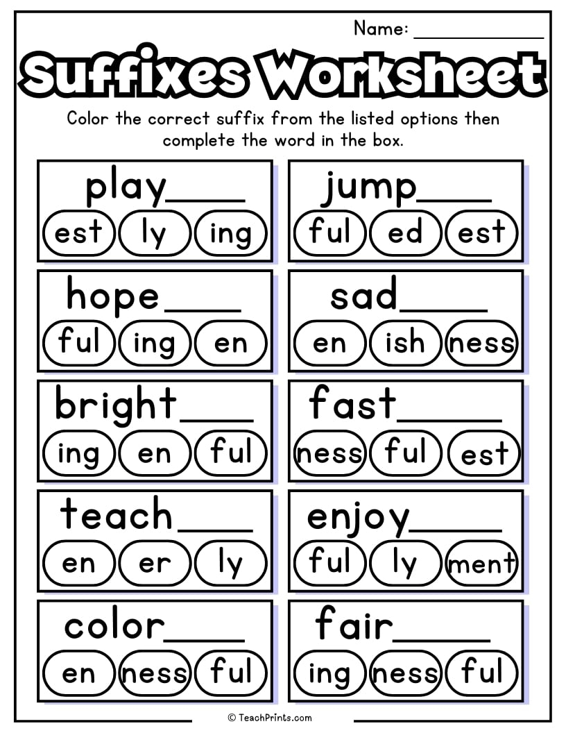 Suffixes Worksheets Printable Word Endings Practice