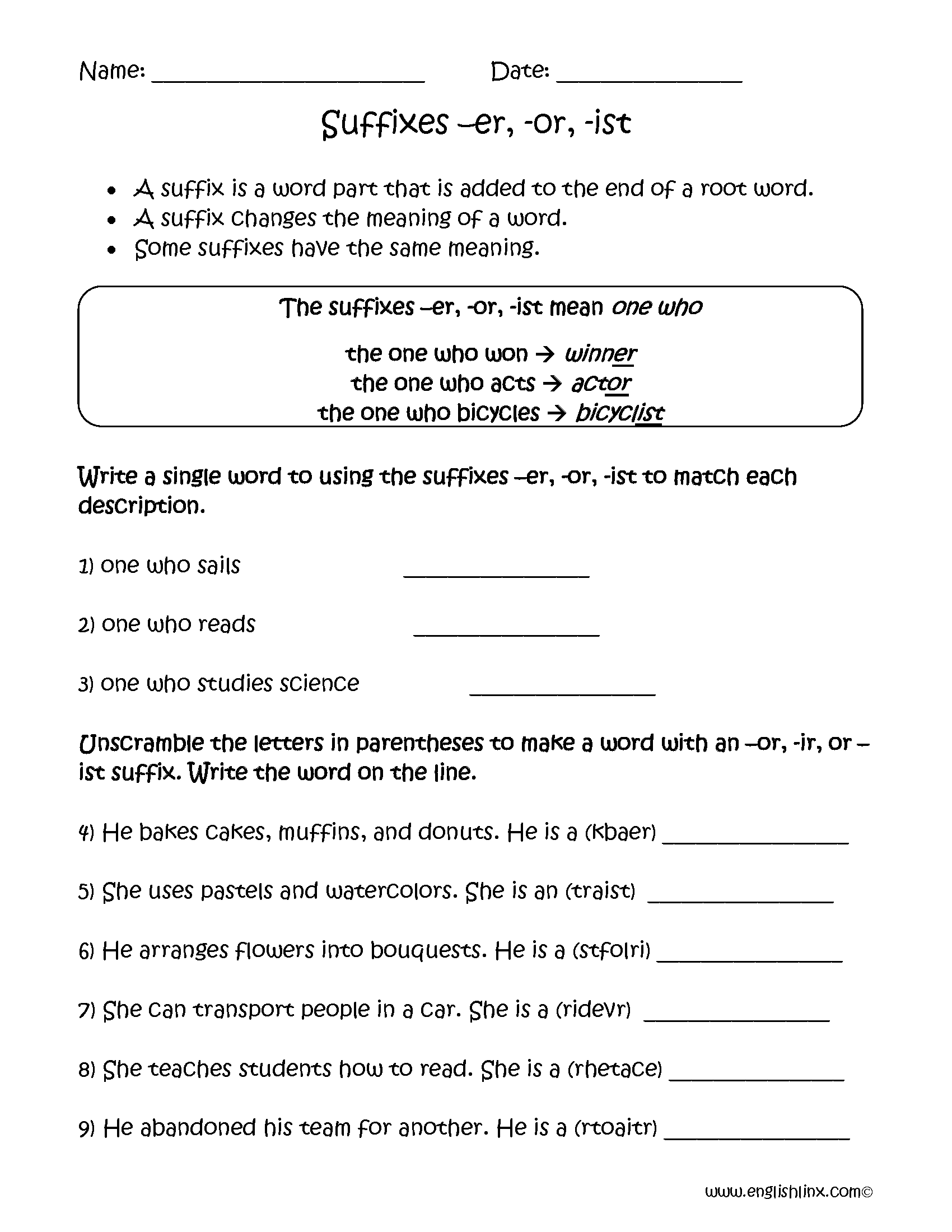 Suffixes Worksheets Printable Word Endings Practice
