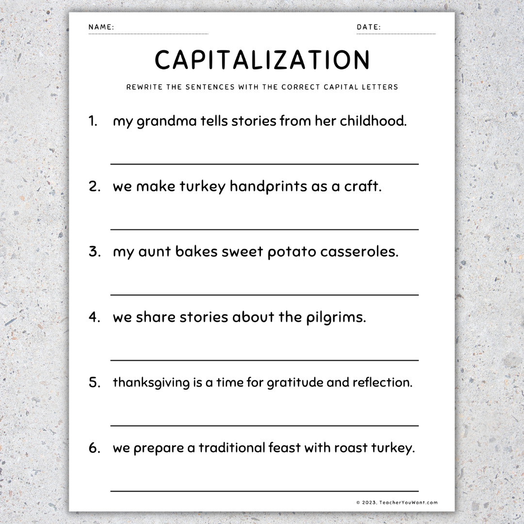 Thanksgiving Capitalization Worksheets Fix The Sentences Grammar Practice Made By Teachers