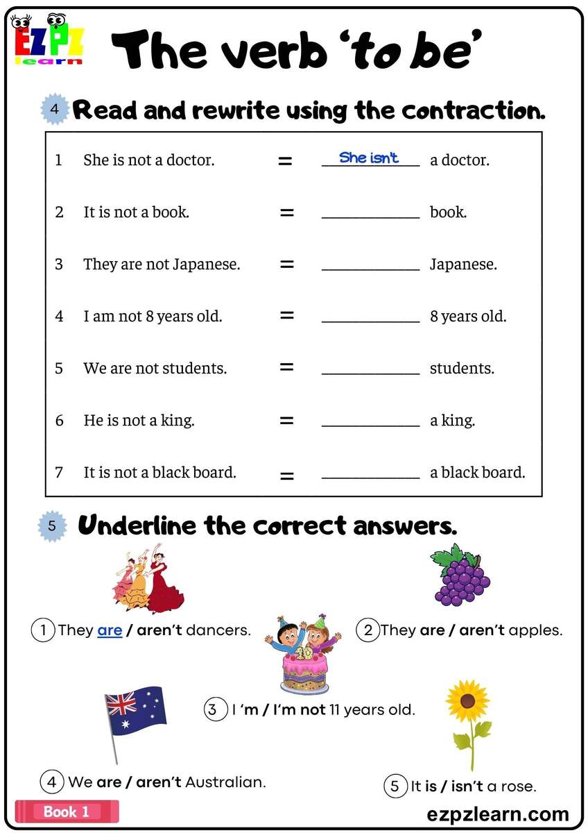 The Verb To Be Simple Present Fill In Contractions Grammar Worksheet Book 1 Ezpzlearn Free Verbs Worksheets Printable Action Linking Irregular Verb Practice