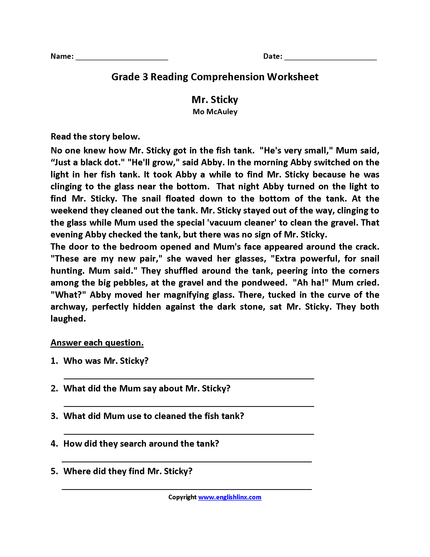 Grade 3 Reading Comprehension Worksheets Worksheetspack