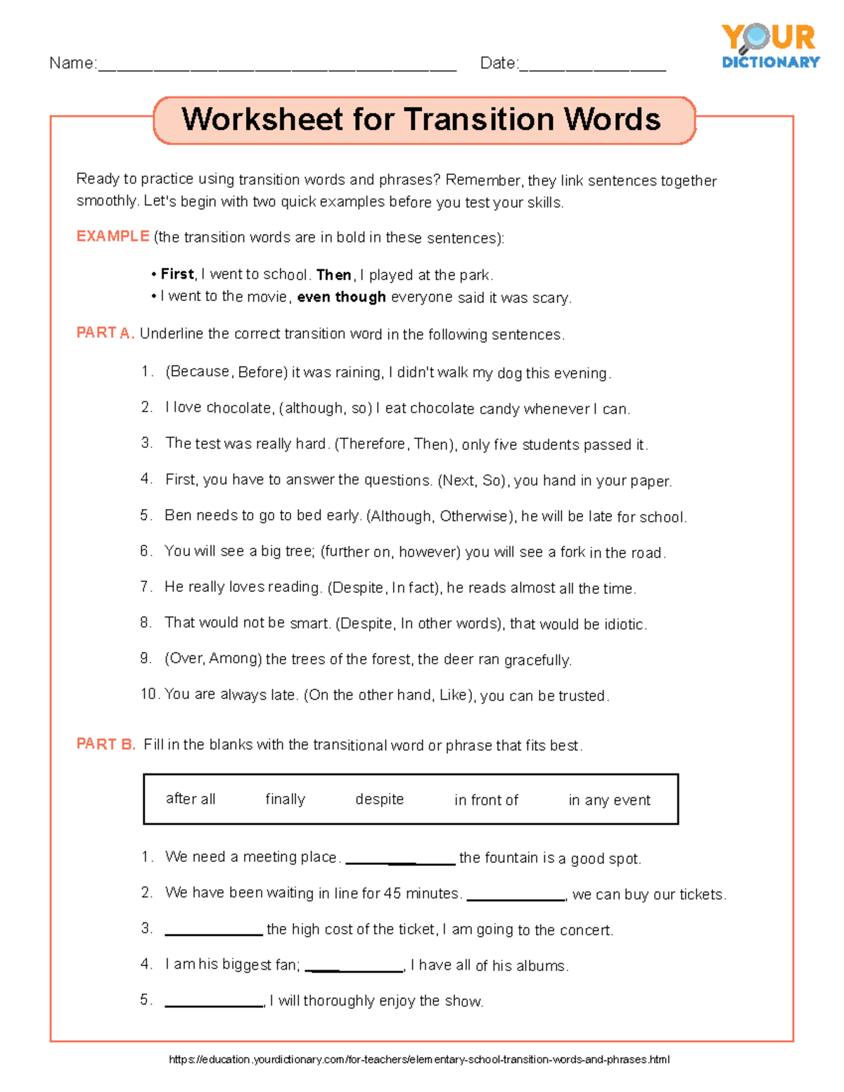 Transition Words Worksheet Narrative Writing Practice