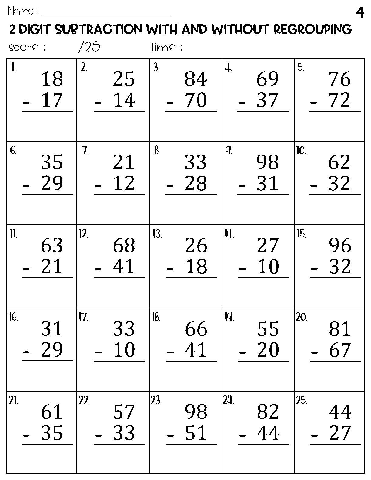 Double Digit Subtraction Without Regrouping K12 Math Worksheets