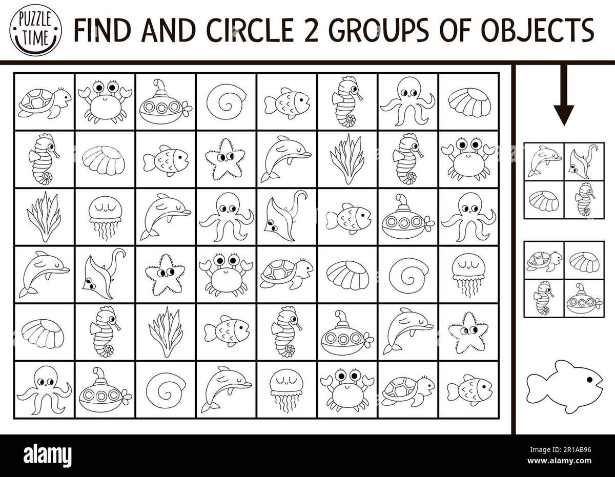 Under The Sea Black And White Seek And Find Game With Traditional Symbols Attention Skills Training Puzzle Ocean Printable Line Activity For Kids W Stock Vector Image Art Alamy Seek And Find Printable Coloring Activity Page For Kids Teens And Adults Camping Instant Download Pdf Etsy